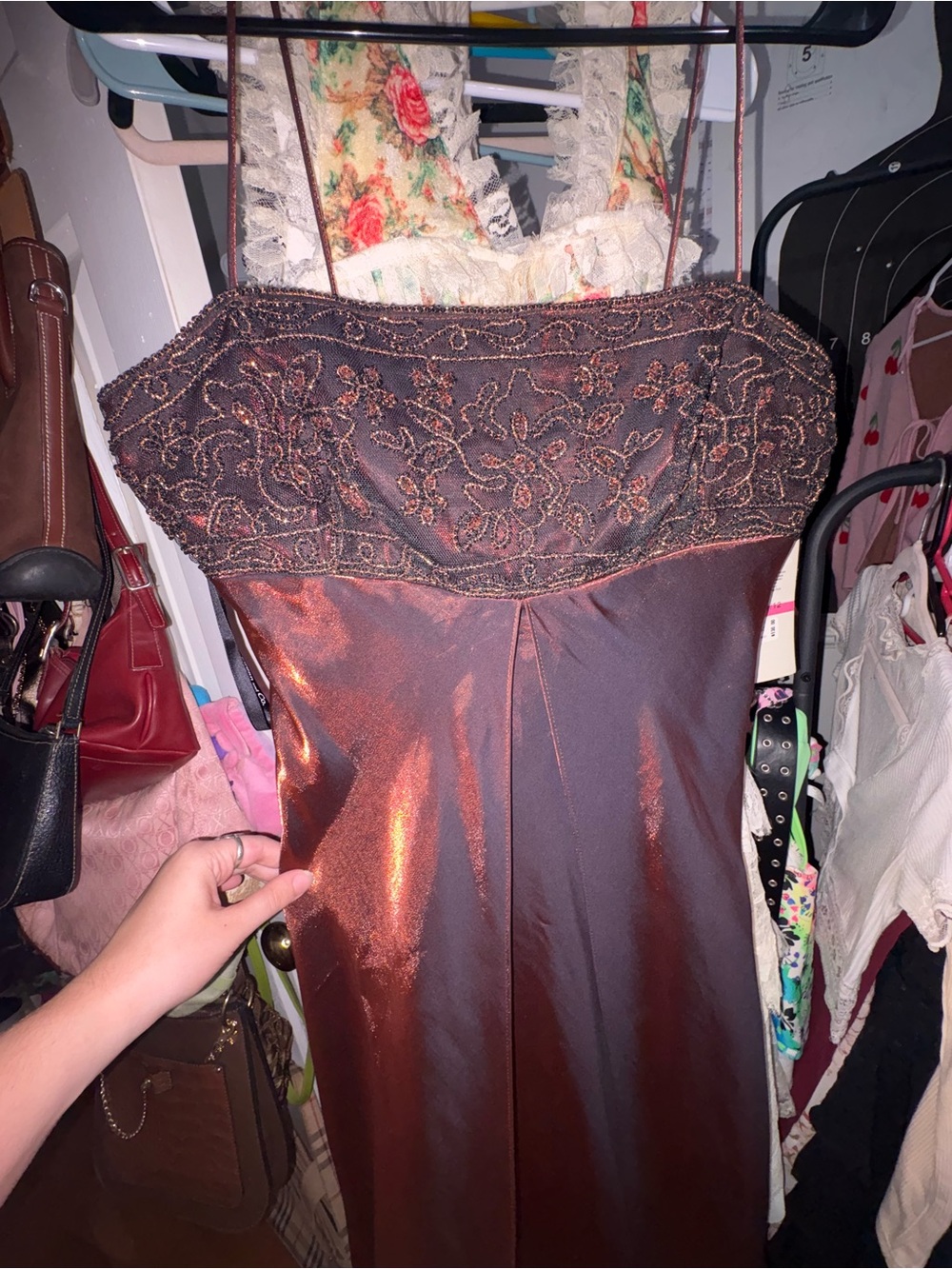 Copper Brown Embroidered Satin Dress